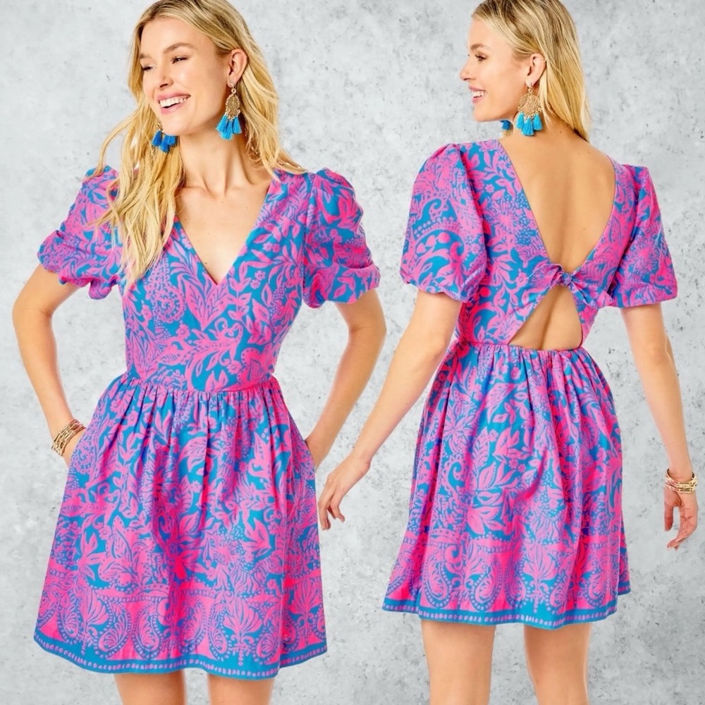 Lilly Pulitzer Suzie Mini Dress Aura Pink Leaf Puff Short Sleeve V-Neck Tie Back
